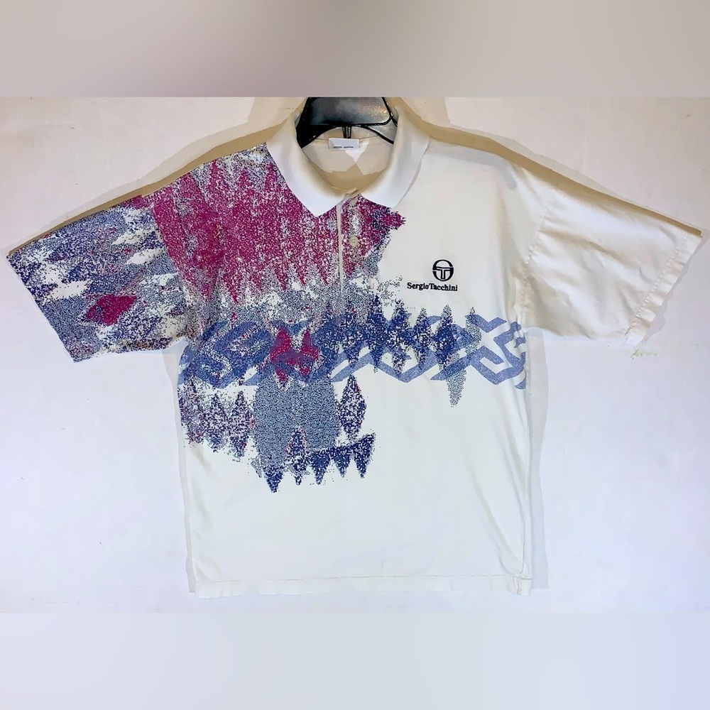 Vintage 90s Sergio Tacchini Men’s Tennis Shirt - White/Multi Color size 38